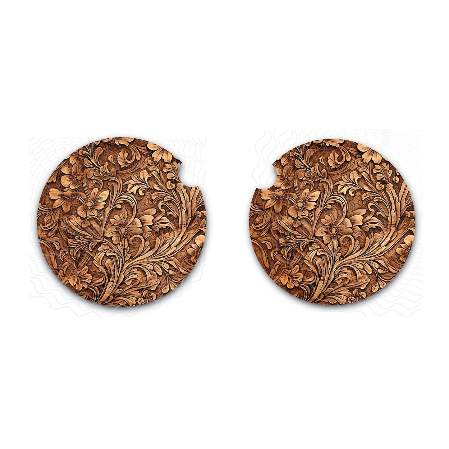 Tooled Leather Appearance Car Coasters - Soft Neoprene, Elegant Design, Durable & Practical, Set of Two, Perfect for Everyday Use, New Car Gift