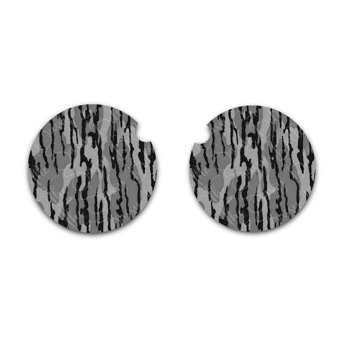 Bottomland Inspired Grey Camo Car Coasters, Neoprene Car Cup Holders, Set of Two