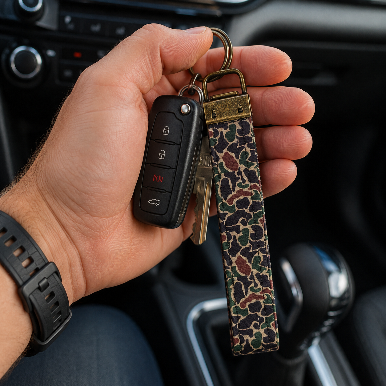 Camo Keychain Strap, Old School Dark Green Duck Camouflage, Handmade Cotton 5.5" Keychain,  Car Key Holder