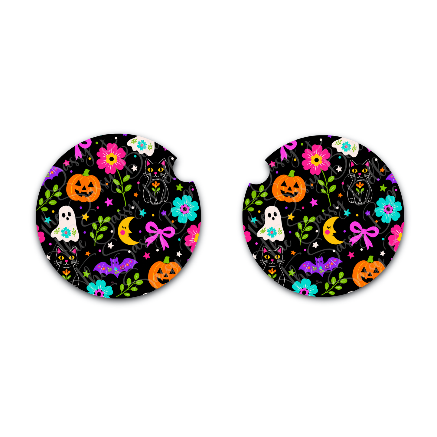 Halloween Car Coasters, Set of Two, Spooky Season Vehicle Decor, Interior Auto Accessories, Neoprene Car Coasters