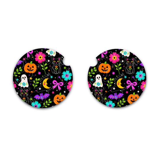 Halloween Car Coasters, Set of Two, Spooky Season Vehicle Decor, Interior Auto Accessories, Neoprene Car Coasters