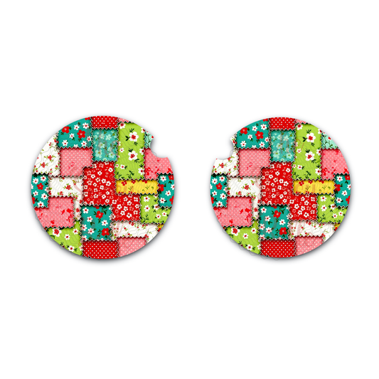 Patchwork Quilt Country Shabby Car Coasters, Soft Neoprene Material, Car Cup Holders Set of Two, Fashionable Car Accessories