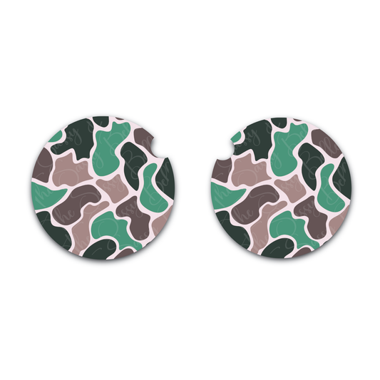 Camo Car Coasters Set of Two, Brown Green Camo, Neoprene Car Coasters, Interior Auto Accessories