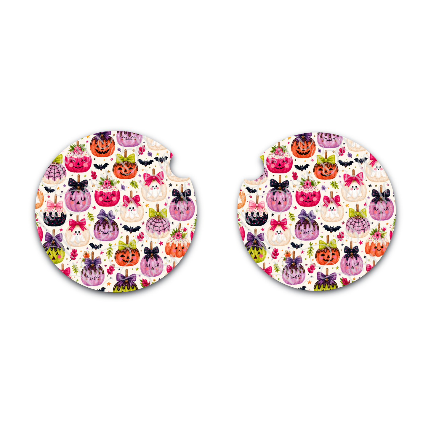 Candy Apple Halloween Car Coaster Set of Two, Car Cup Insert, Halloween Decor, Cute Car Accessories, Gift for Driver, Neoprene Car Coasters