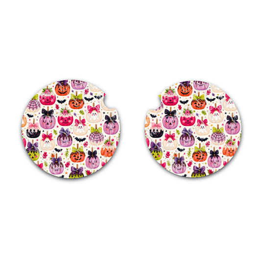Candy Apple Halloween Car Coaster Set of Two, Car Cup Insert, Halloween Decor, Cute Car Accessories, Gift for Driver, Neoprene Car Coasters