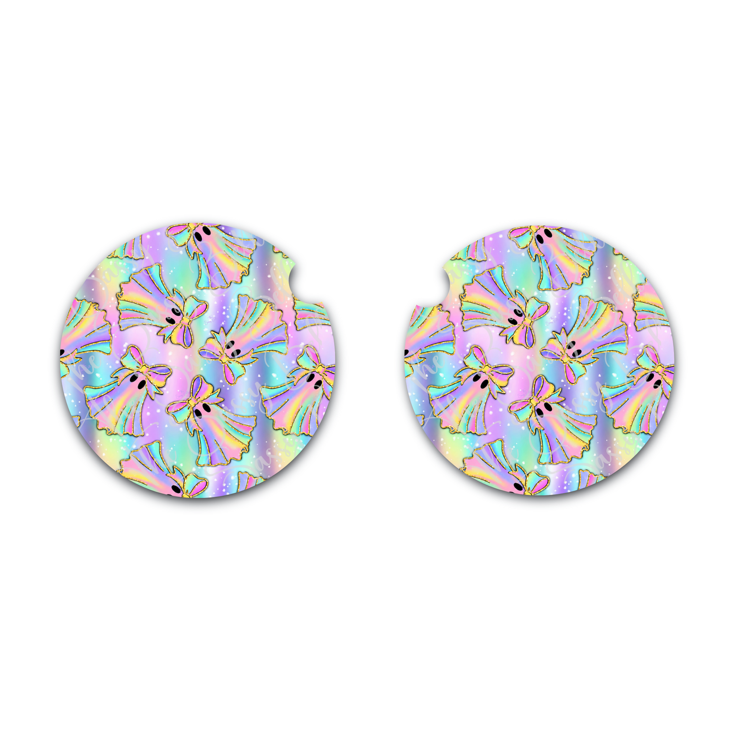 Holographic Ghost Halloween Car Coaster, Neoprene Car Cup Inserts, Halloween Decor, Interior Vehicle Accessories Set of Two