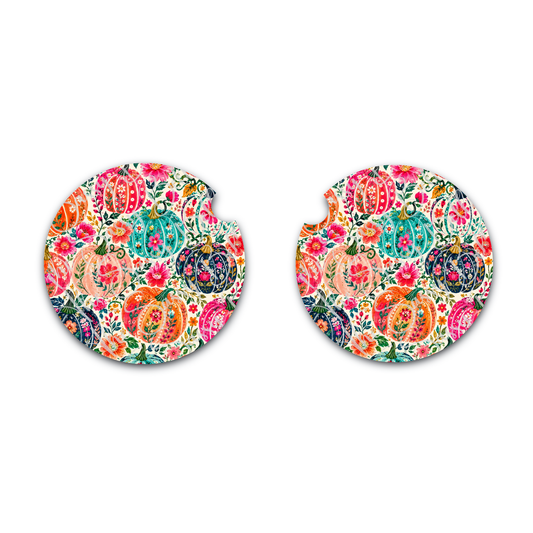Halloween Car Coasters, Preppy Pink Pumpkins, Neoprene Car Coasters Set of Two, Cute Vehicle Accessories