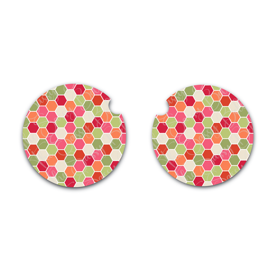 Cute Car Coasters Set of Two, Multi-Color Hexagon, Trendy Car Accessories, Neoprene Car Cup Holder, Interior Vehicle Decor, New Car Gift