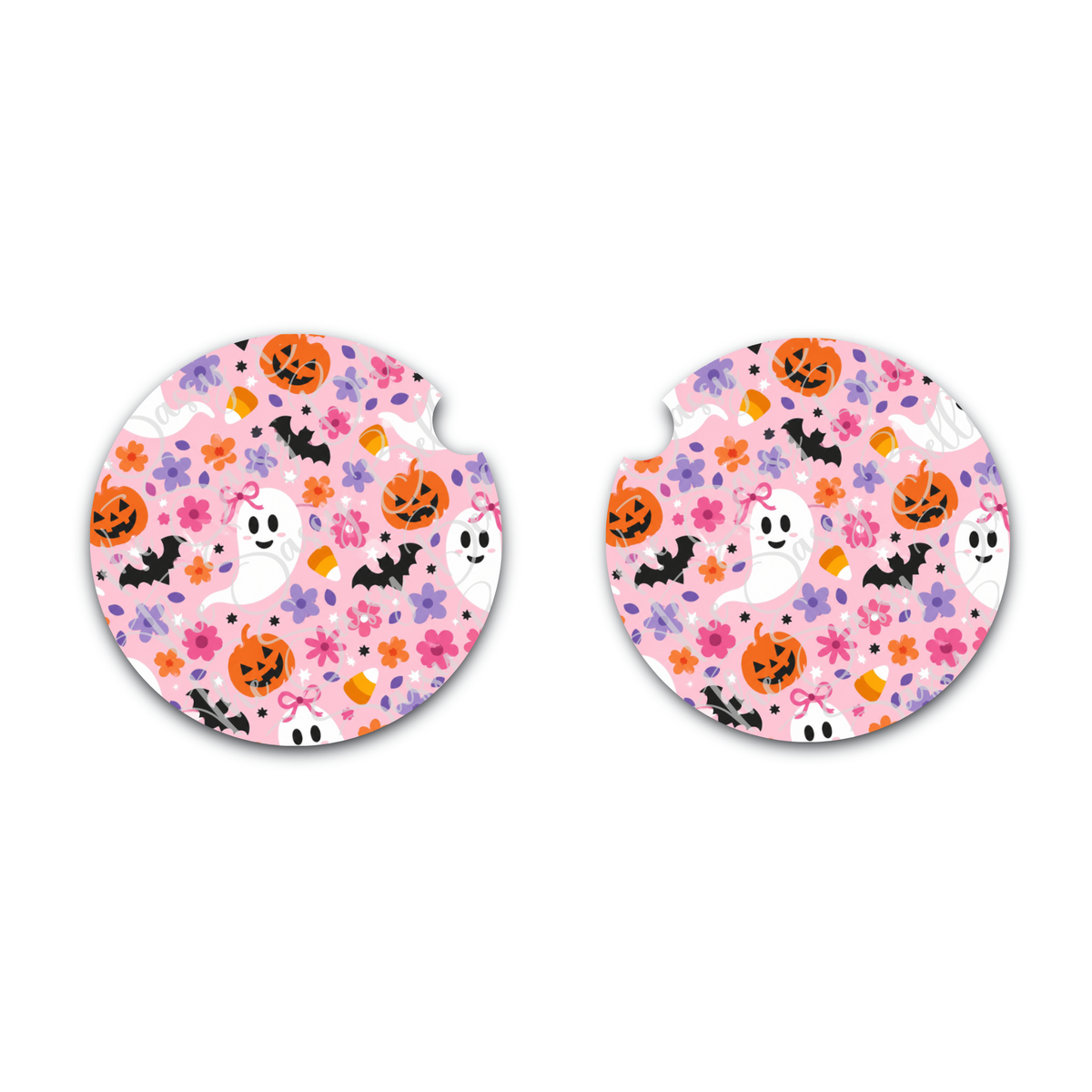 Halloween Ghosty and Pumpkin Cute Car Coasters, Set of Two Neoprene Coasters, Halloween and Fall Decor, Car Cup Insert, Spooky Season Decor, Gift for Drivers