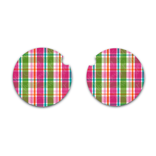 Cute Car Coasters, Pink and Green Plaid, Neoprene Car Coasters, Interior Auto Accessories