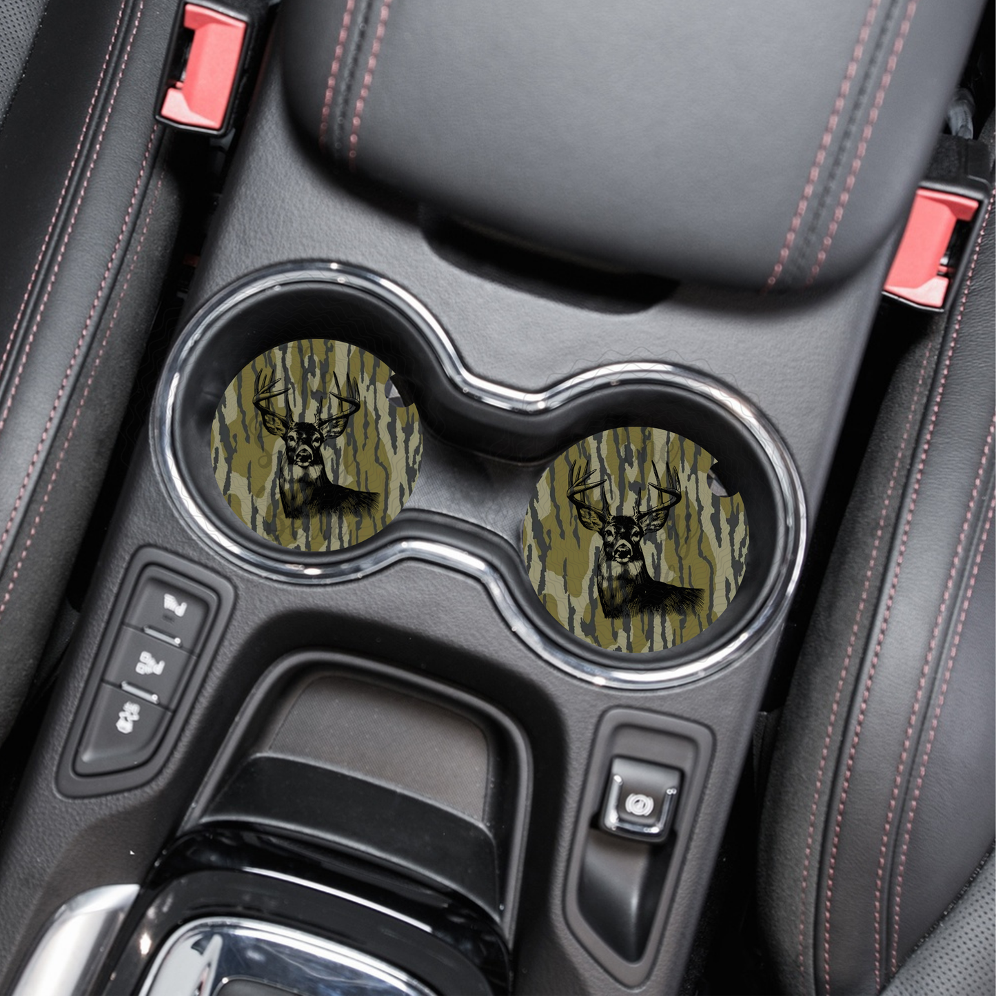 Bottomland Inspired Camo Buck Car Coasters, Soft Neoprene Material, Car Accessories, Set of Two