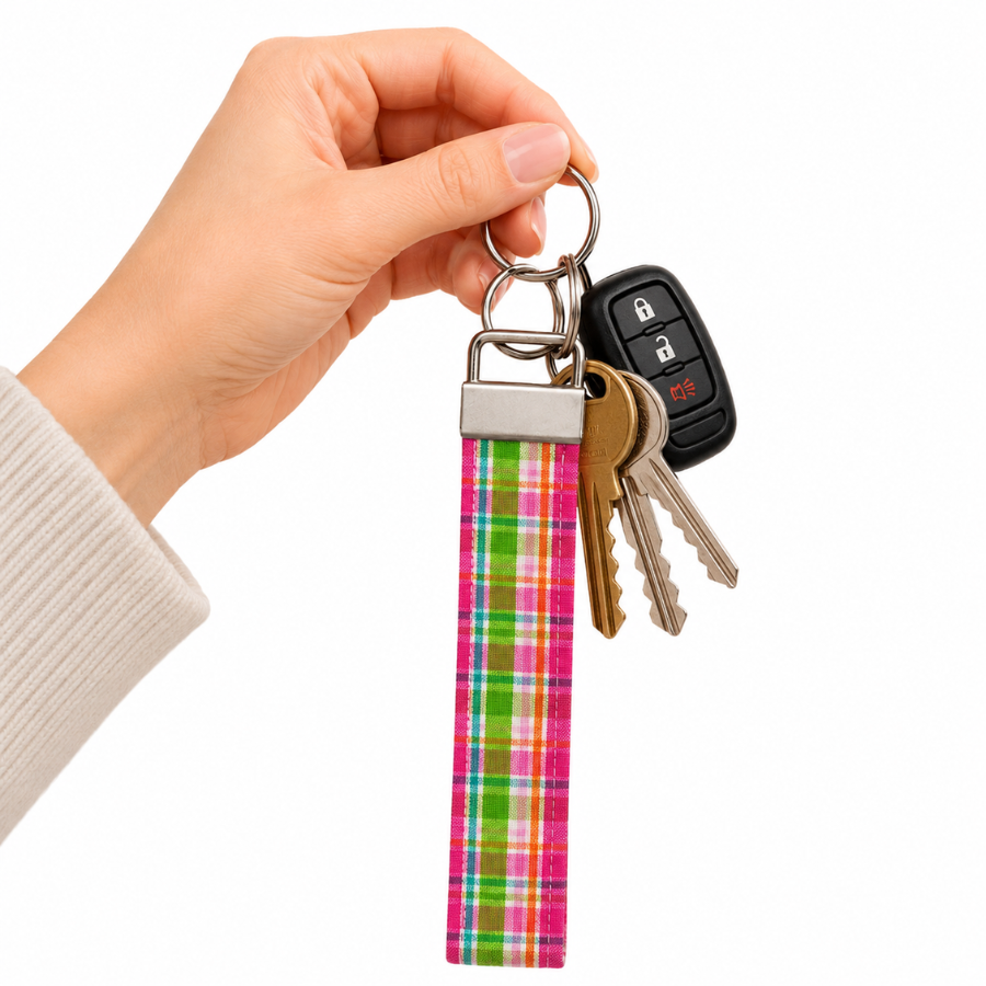 Wristlet Keychain, Cute Pink Plaid Wrist Keychain, 5.5 inch Fabric Keychain