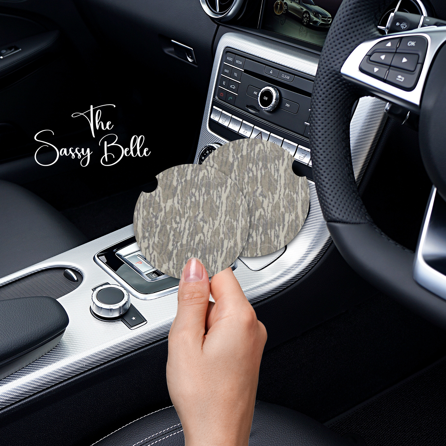 Bottomland Inspired Camo Car Coasters - Washed Out, Neoprene Car Coasters, Set of Two, Interior Auto Accessories