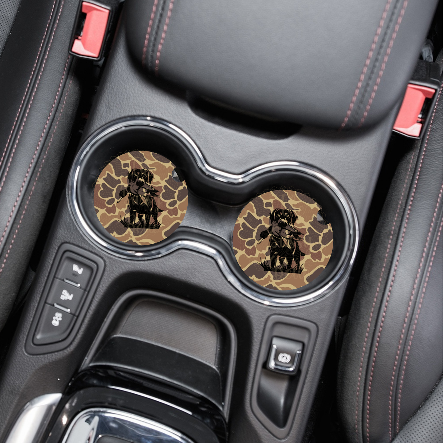 Old School Brown Camo Lab Duck Car Coasters, Set of Two, Car Cup Holder