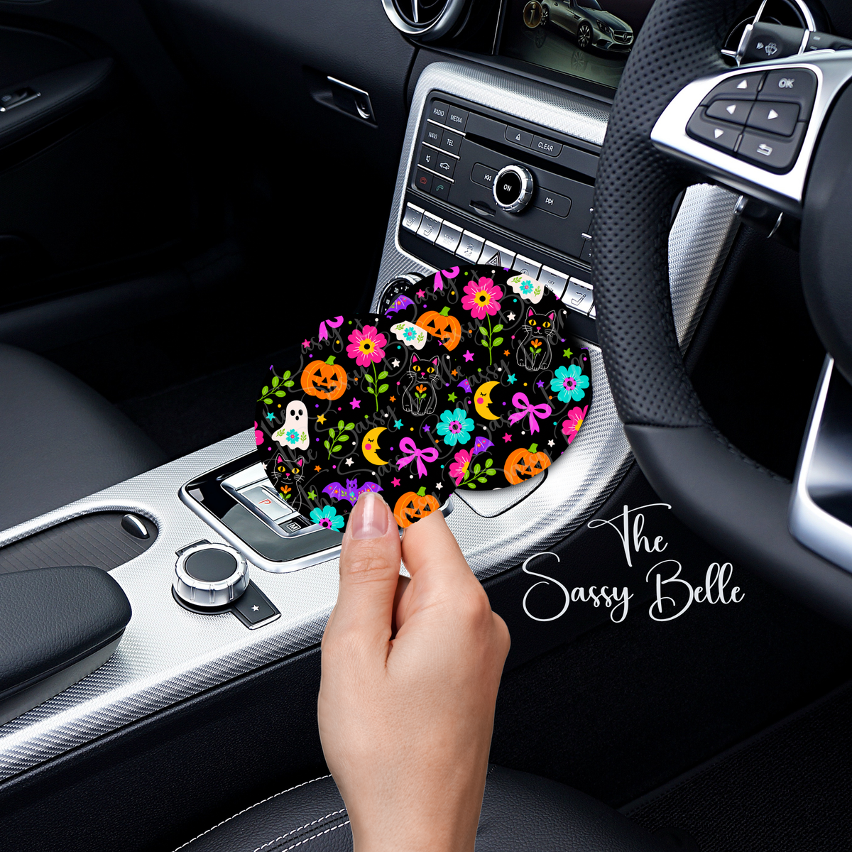 Halloween Car Coasters, Set of Two, Spooky Season Vehicle Decor, Interior Auto Accessories, Neoprene Car Coasters