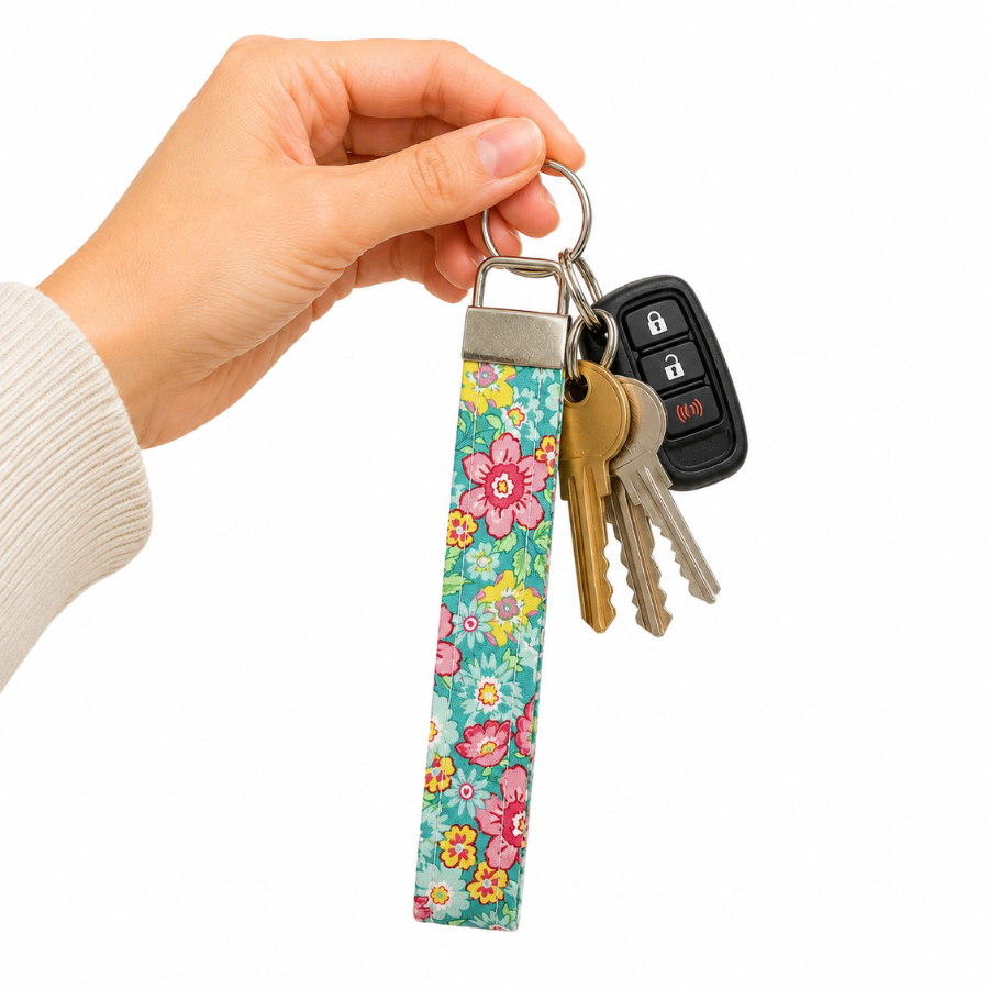 Floral Teal Keychain Wristlet, Cute Key Fob Wristlet, Trendy Accessories