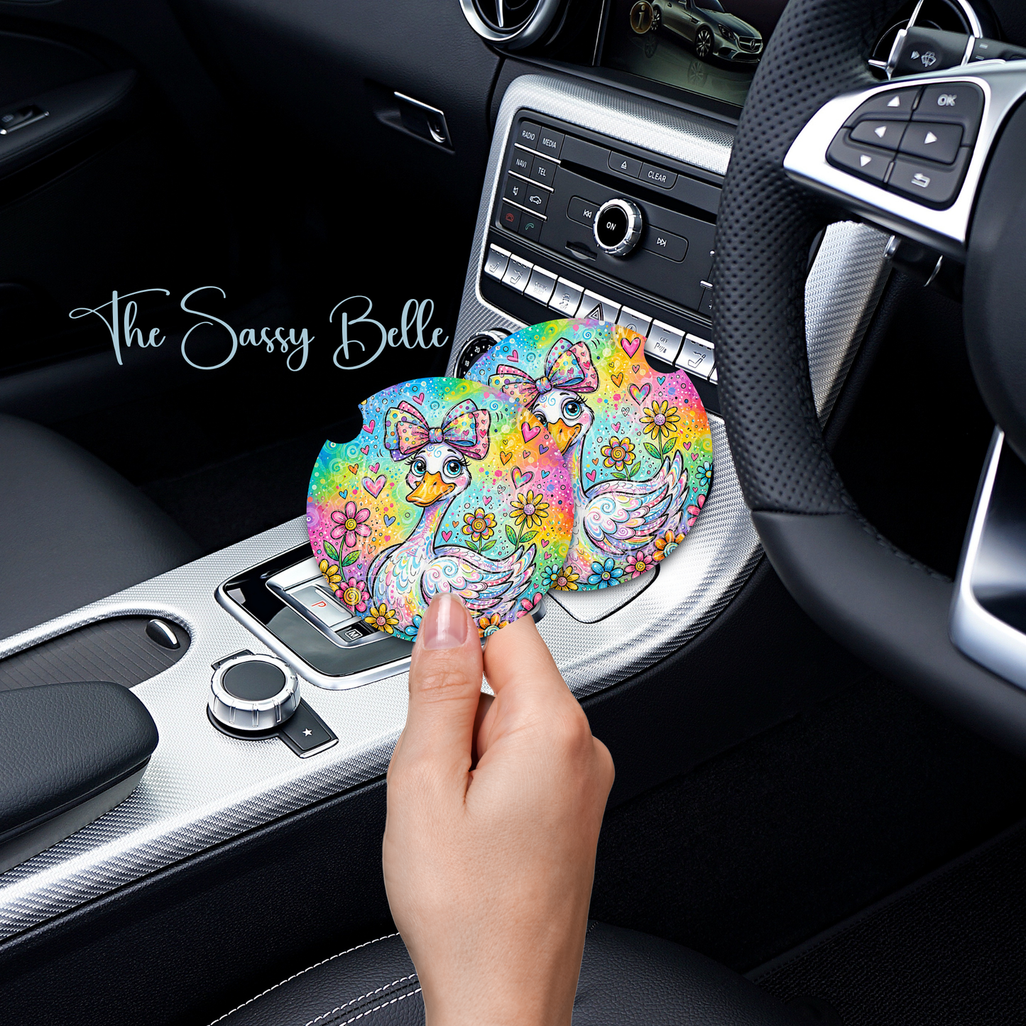 Silly Goose Car Coasters, Set of Two, Neoprene Car Cup Holder, Interior Car Accessories