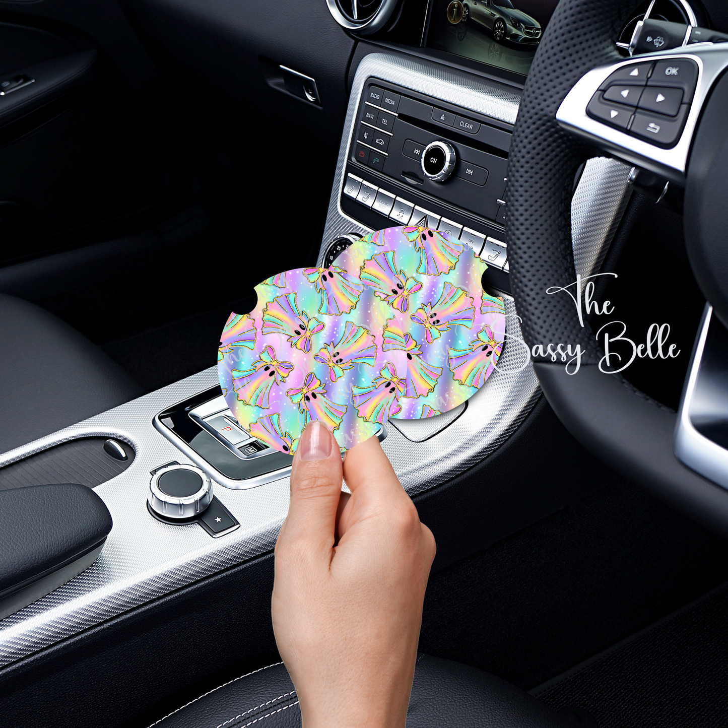 Holographic Ghost Halloween Car Coaster, Neoprene Car Cup Inserts, Halloween Decor, Interior Vehicle Accessories Set of Two