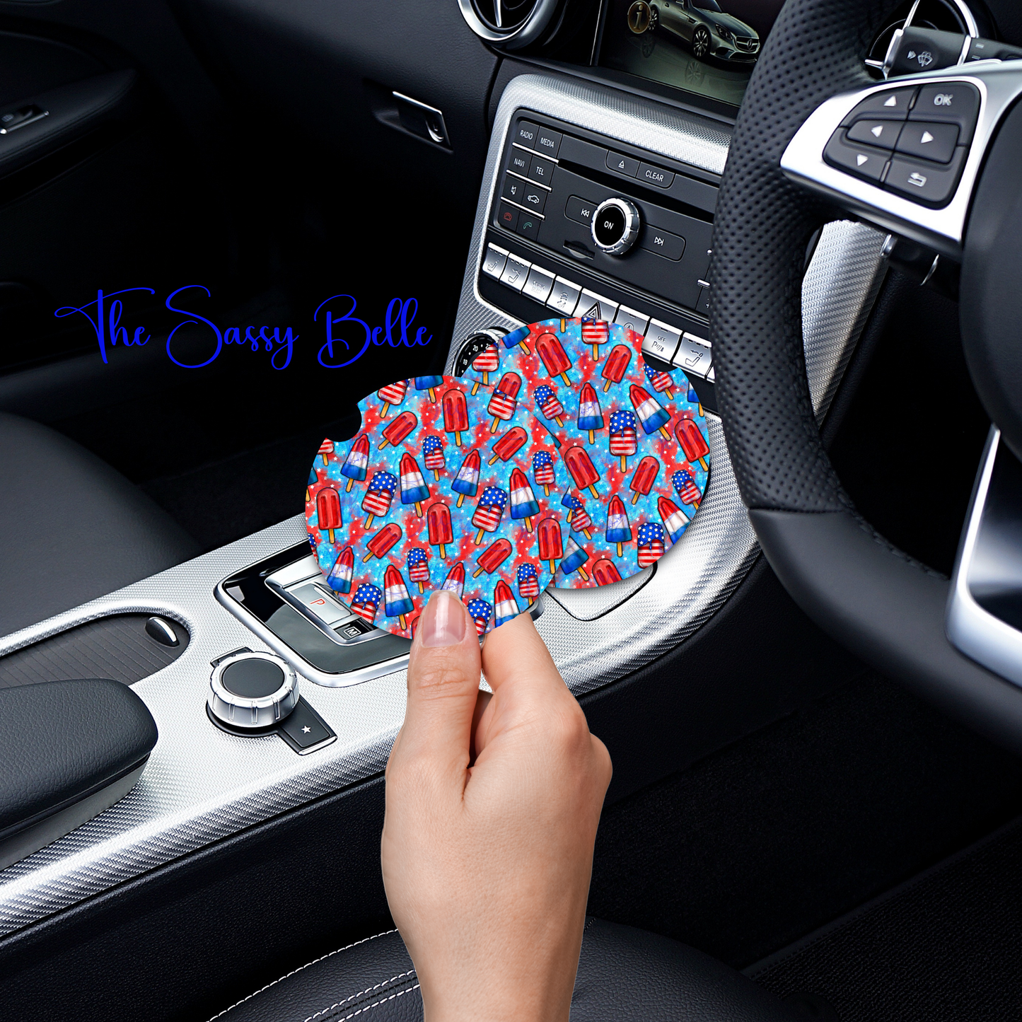 Fourth of July Car Coasters, Neoprene Coasters, Set of Two, Interior Auto Accessories