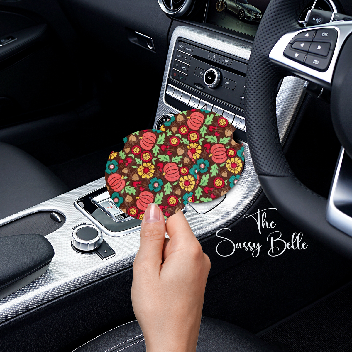 Fall/Autumn Car Coasters Set of Two, Neoprene Car Coasters, Fall Decor, Interior Car Accessories, Gift for Driver, Fall Season
