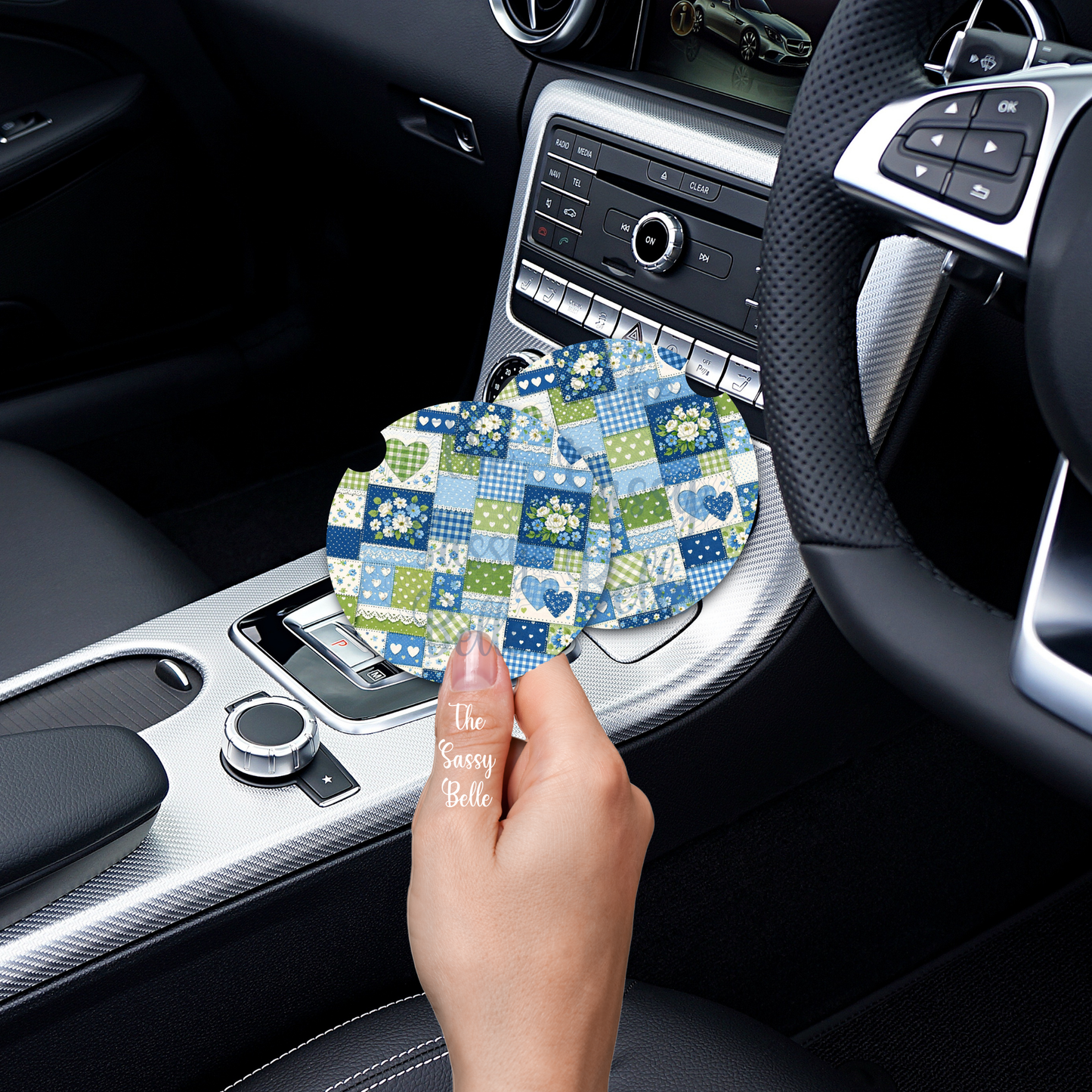 Blue and Green Patchwork Floral Car Coasters, Neoprene Cup Holder Coasters, Trendy Car Accessories