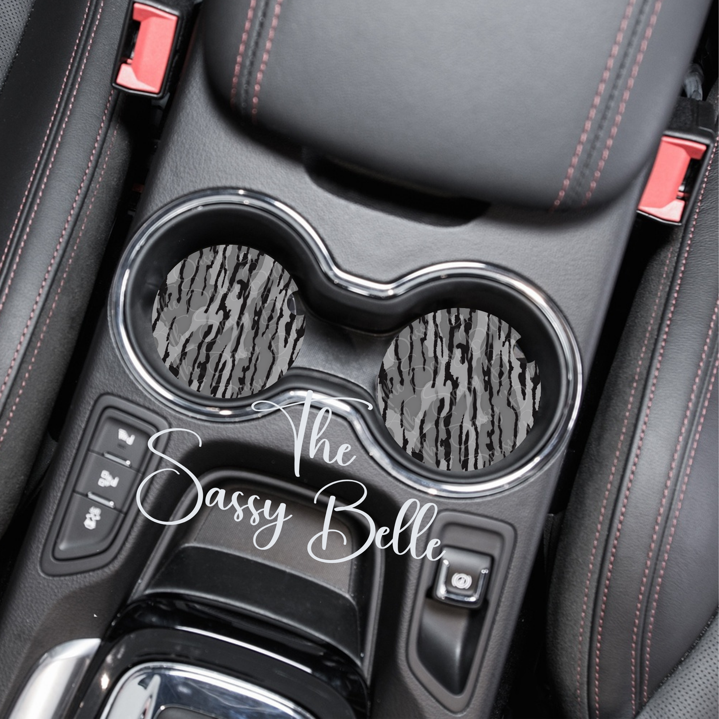 Bottomland Inspired Grey Camo Car Coasters, Neoprene Car Cup Holders, Set of Two