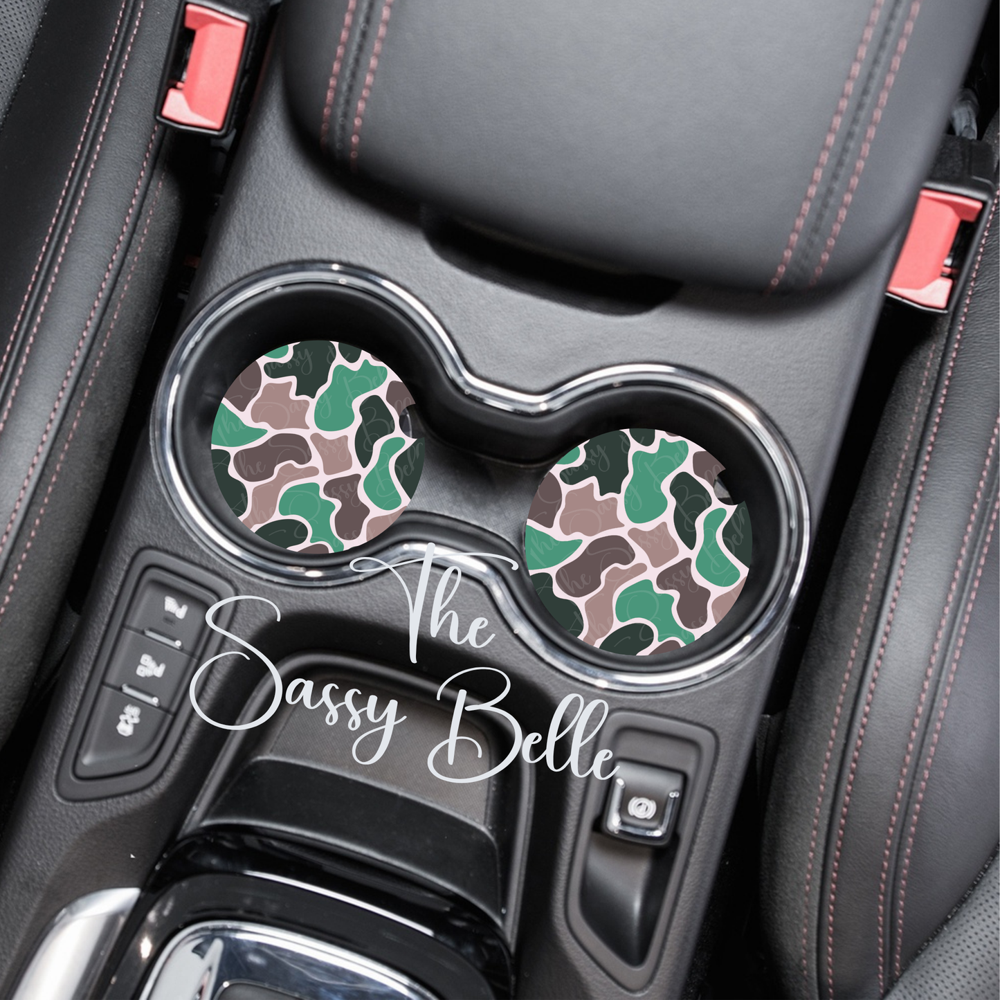 Camo Car Coasters Set of Two, Brown Green Camo, Neoprene Car Coasters, Interior Auto Accessories