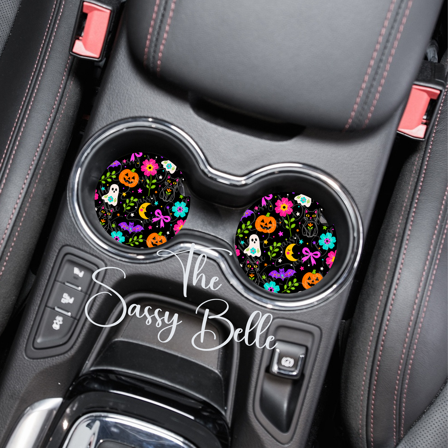 Halloween Car Coasters, Set of Two, Spooky Season Vehicle Decor, Interior Auto Accessories, Neoprene Car Coasters
