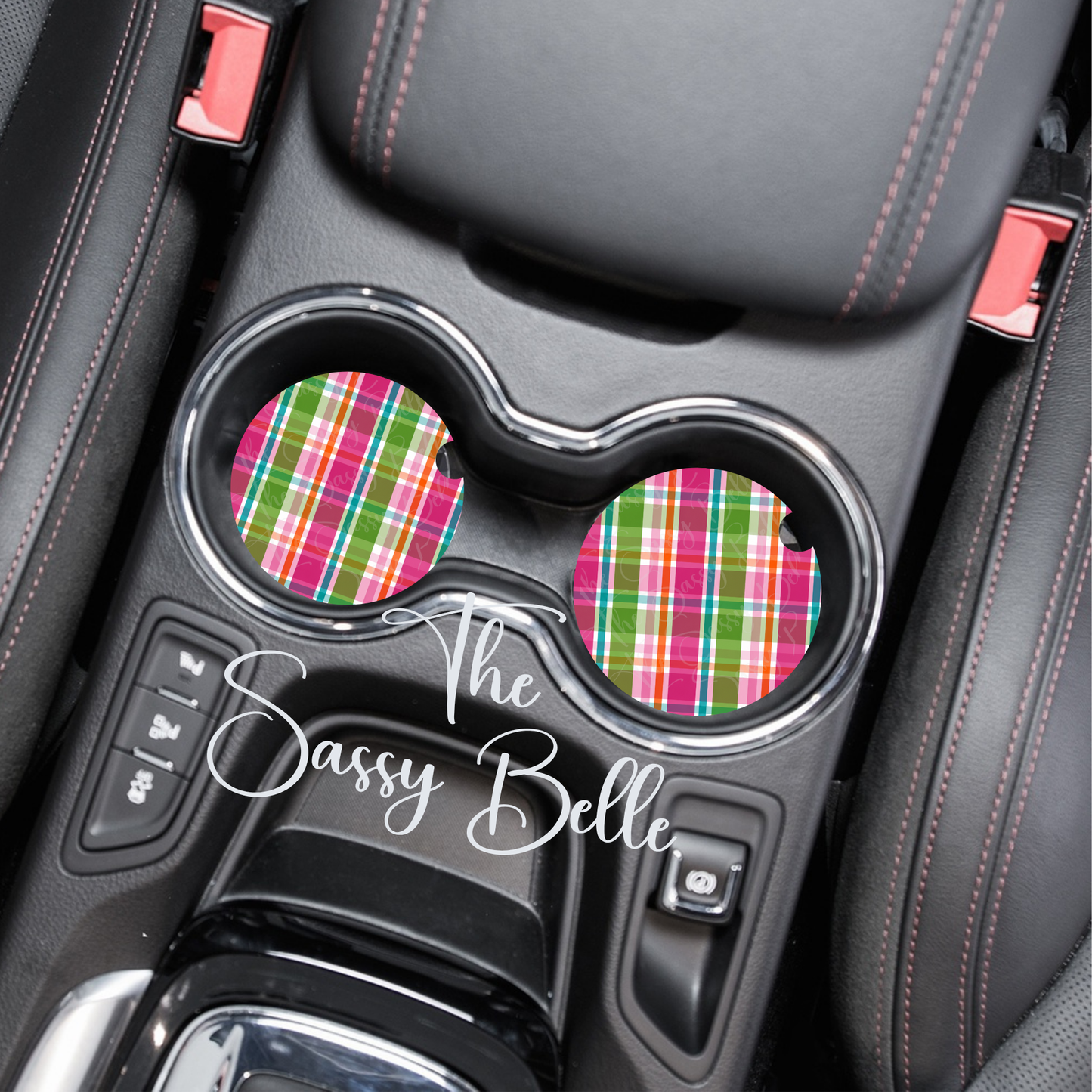 Cute Car Coasters, Pink and Green Plaid, Neoprene Car Coasters, Interior Auto Accessories