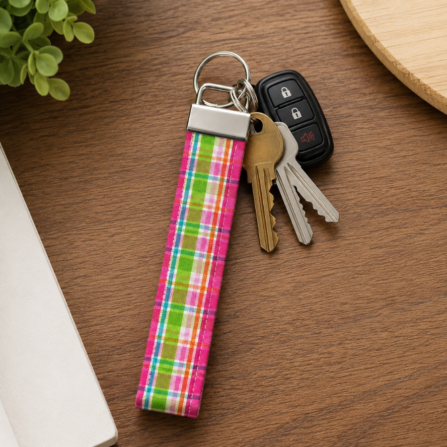 Wristlet Keychain, Cute Pink Plaid Wrist Keychain, 5.5 inch Fabric Keychain