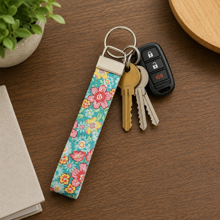 Floral Teal Keychain Wristlet, Cute Key Fob Wristlet, Trendy Accessories