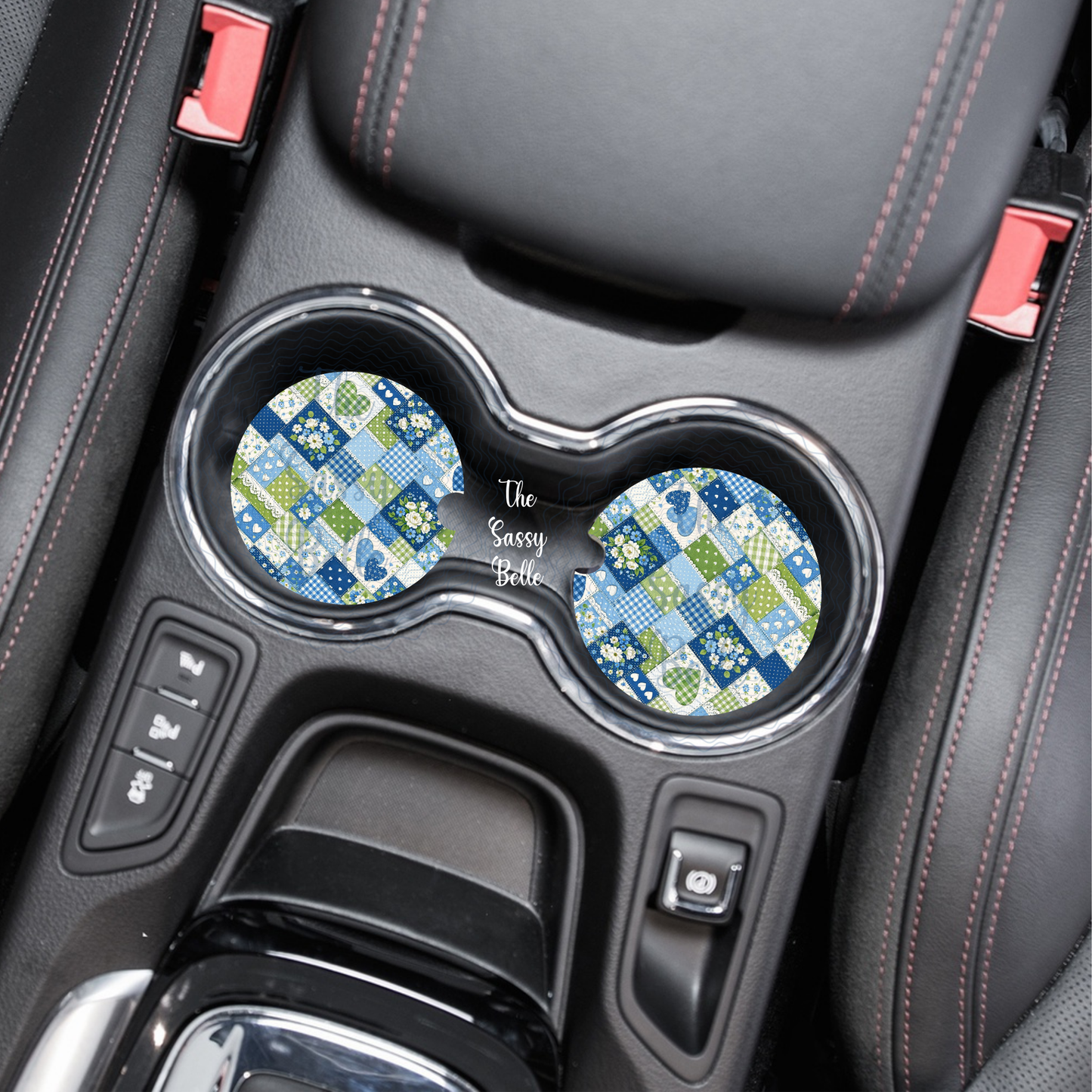 Blue and Green Patchwork Floral Car Coasters, Neoprene Cup Holder Coasters, Trendy Car Accessories