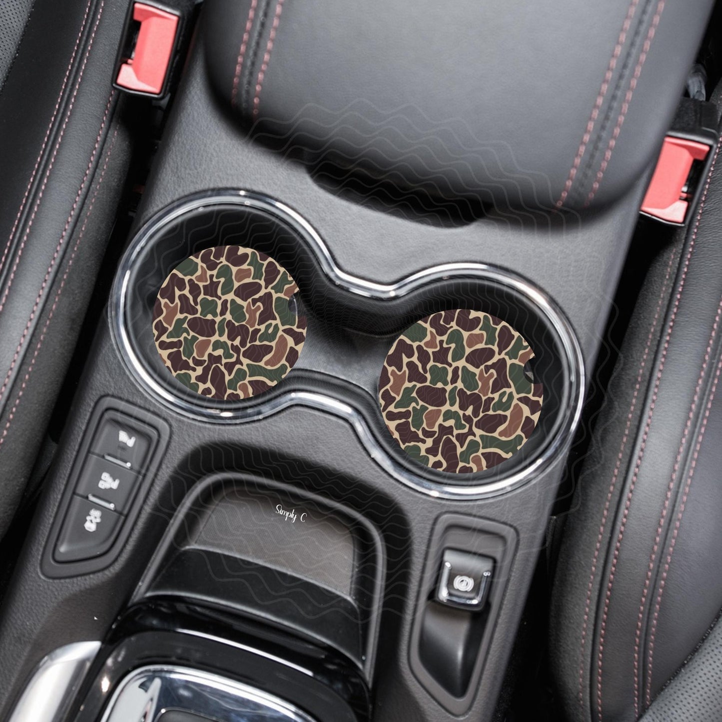 Dark Green Duck Camo Car Coasters, Car Cup Holder Set of Two, Neoprene Car Coasters