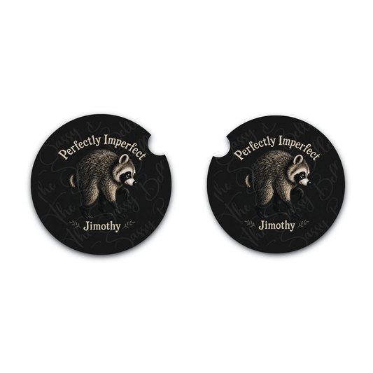 Jimothy the Raccoon Perfectly Imperfect Car Coasters, Set of Two Neoprene Car Coasters, Interior Auto Accessories