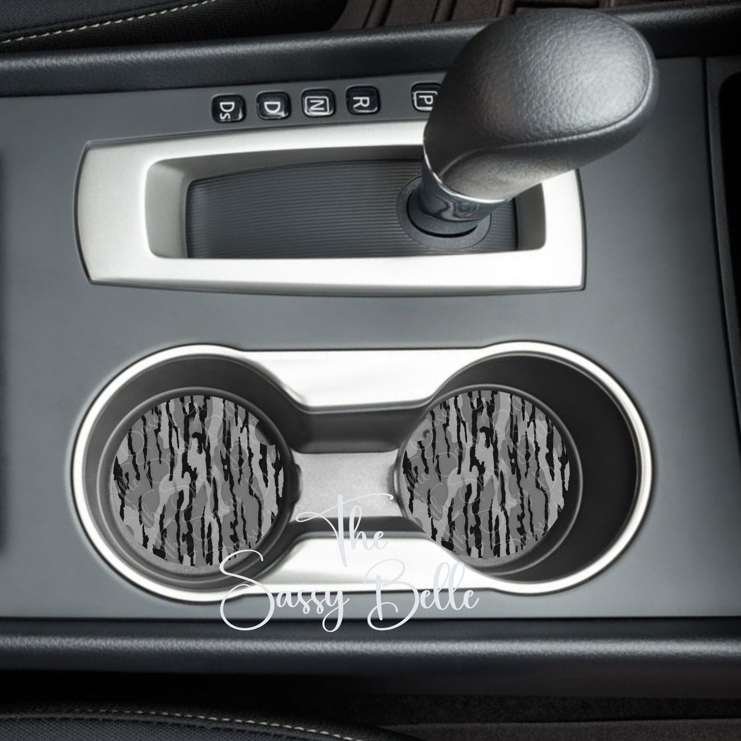 Bottomland Inspired Grey Camo Car Coasters, Neoprene Car Cup Holders, Set of Two
