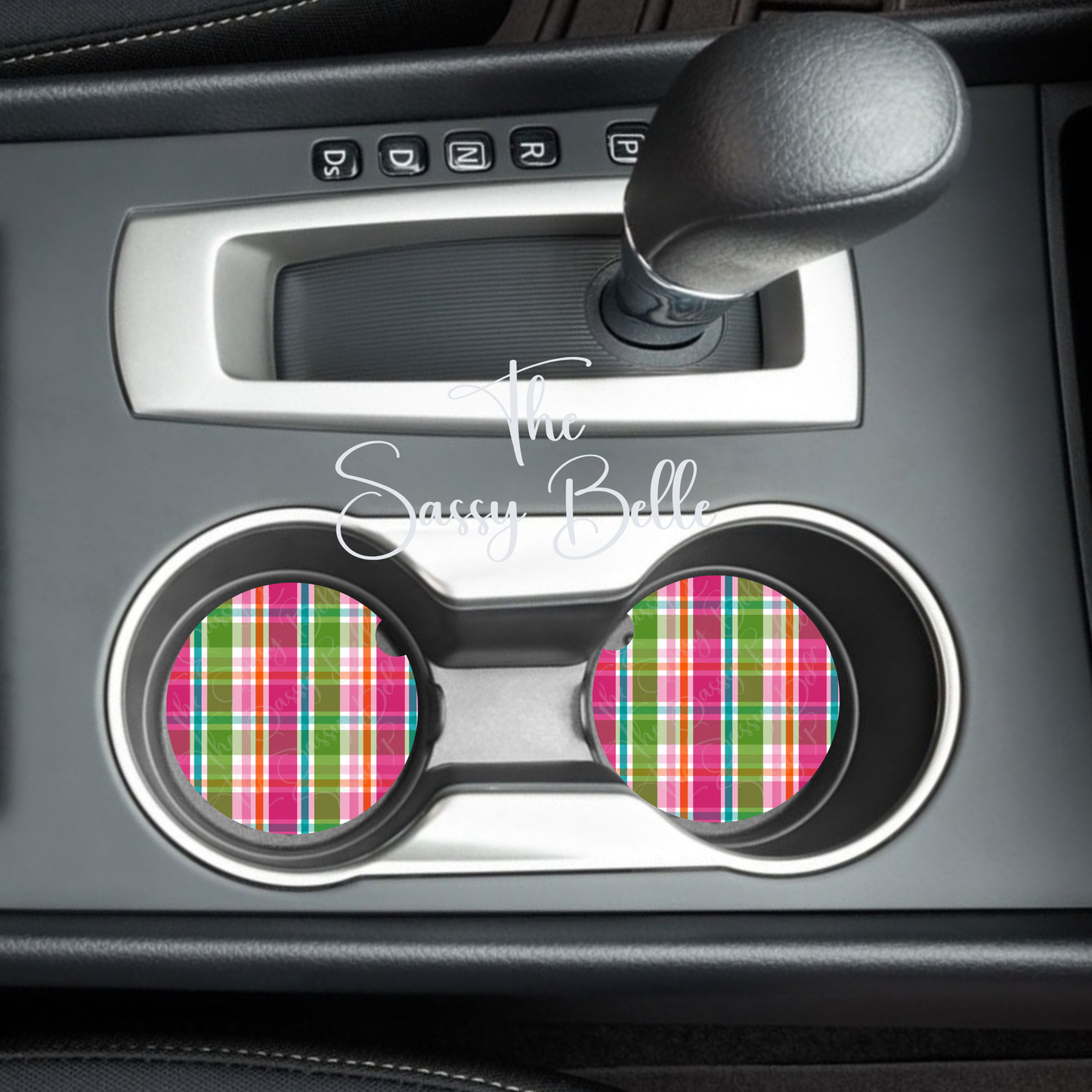 Cute Car Coasters, Pink and Green Plaid, Neoprene Car Coasters, Interior Auto Accessories