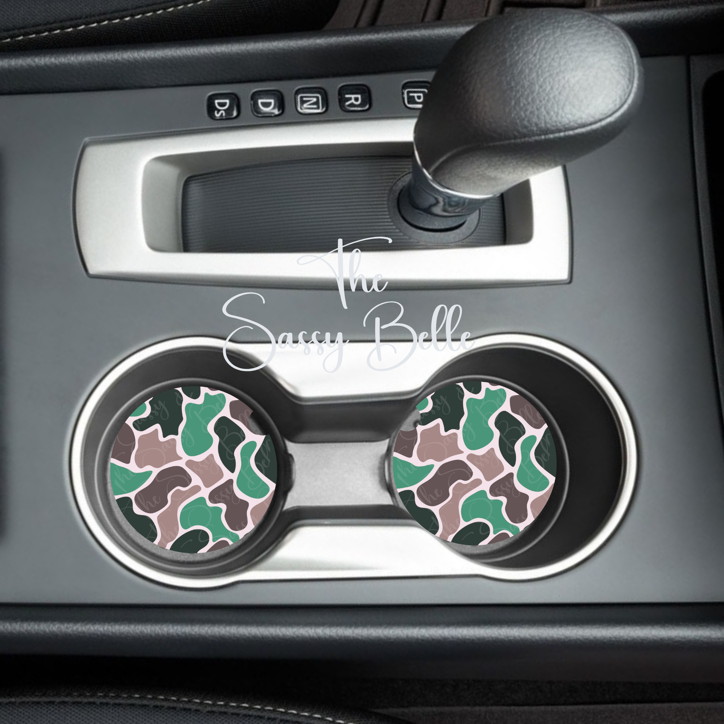 Camo Car Coasters Set of Two, Brown Green Camo, Neoprene Car Coasters, Interior Auto Accessories