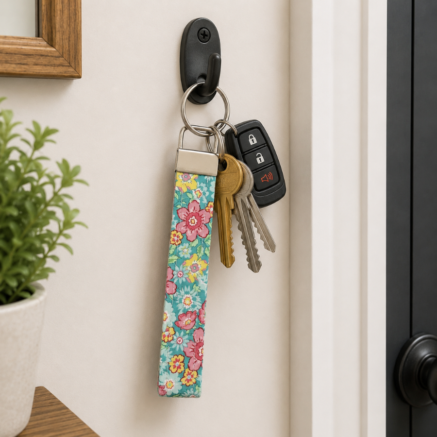 Floral Teal Keychain Wristlet, Cute Key Fob Wristlet, Trendy Accessories