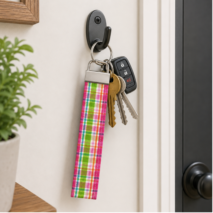 Wristlet Keychain, Cute Pink Plaid Wrist Keychain, 5.5 inch Fabric Keychain