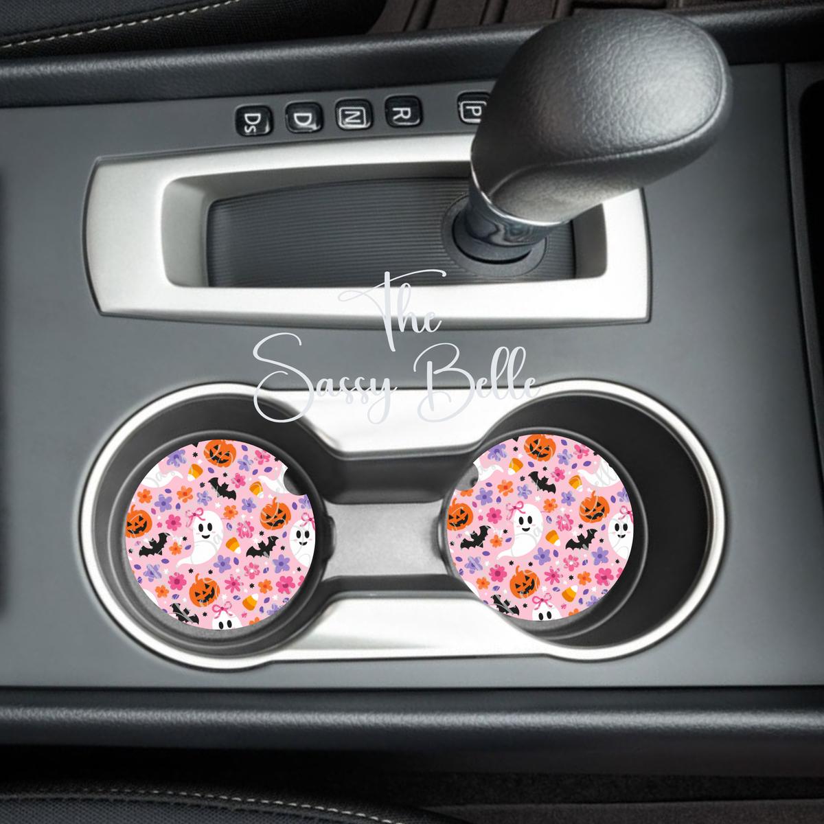 Halloween Ghosty and Pumpkin Cute Car Coasters, Set of Two Neoprene Coasters, Halloween and Fall Decor, Car Cup Insert, Spooky Season Decor, Gift for Drivers