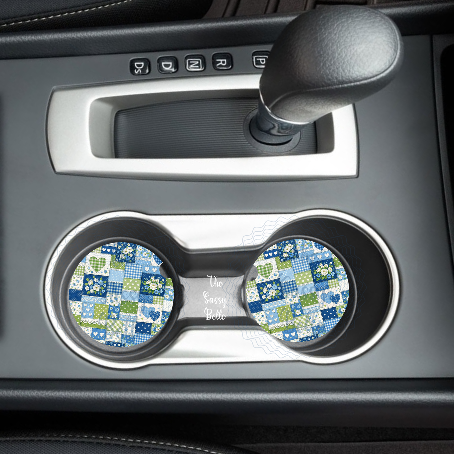 Blue and Green Patchwork Floral Car Coasters, Neoprene Cup Holder Coasters, Trendy Car Accessories
