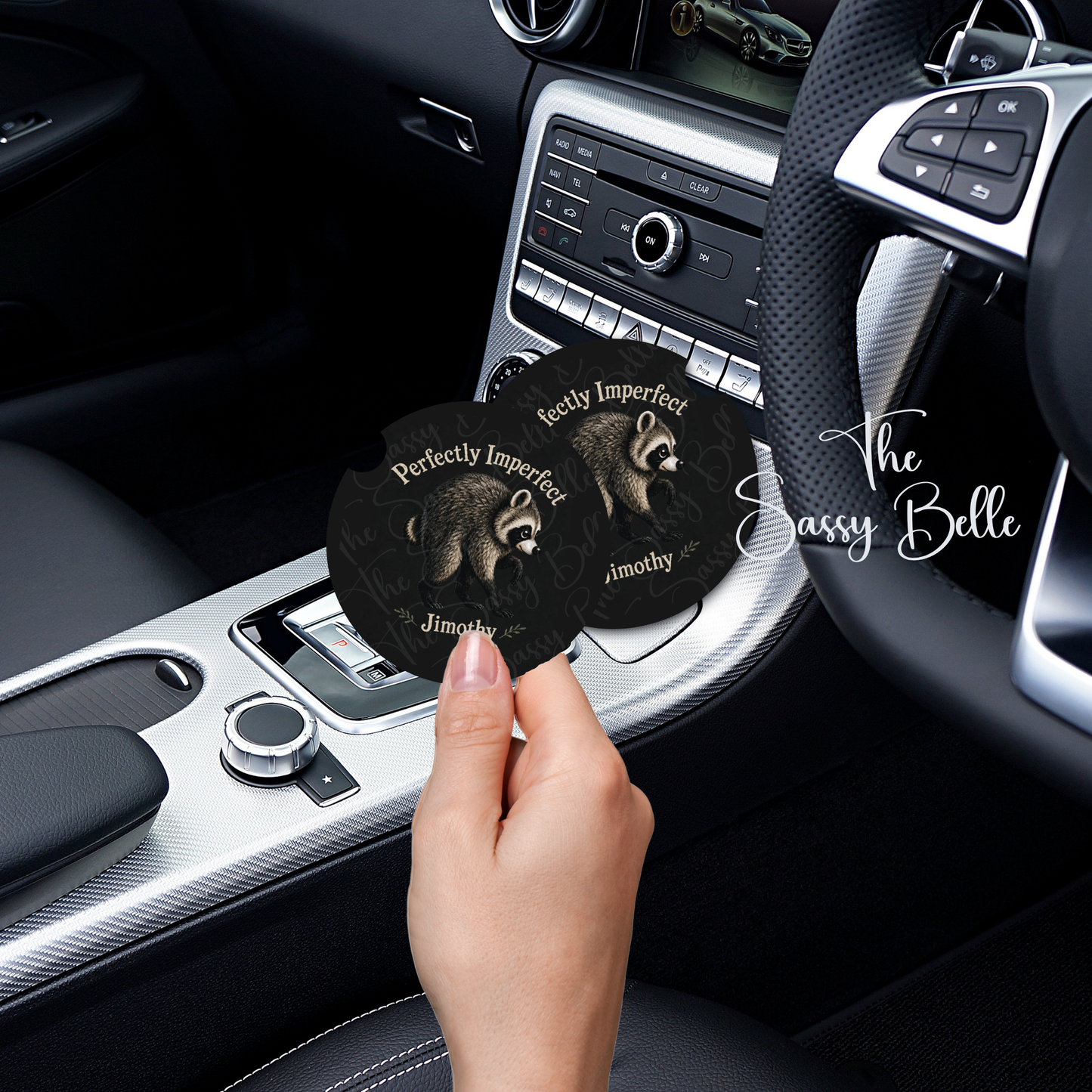 Jimothy the Raccoon Perfectly Imperfect Car Coasters, Set of Two Neoprene Car Coasters, Interior Auto Accessories