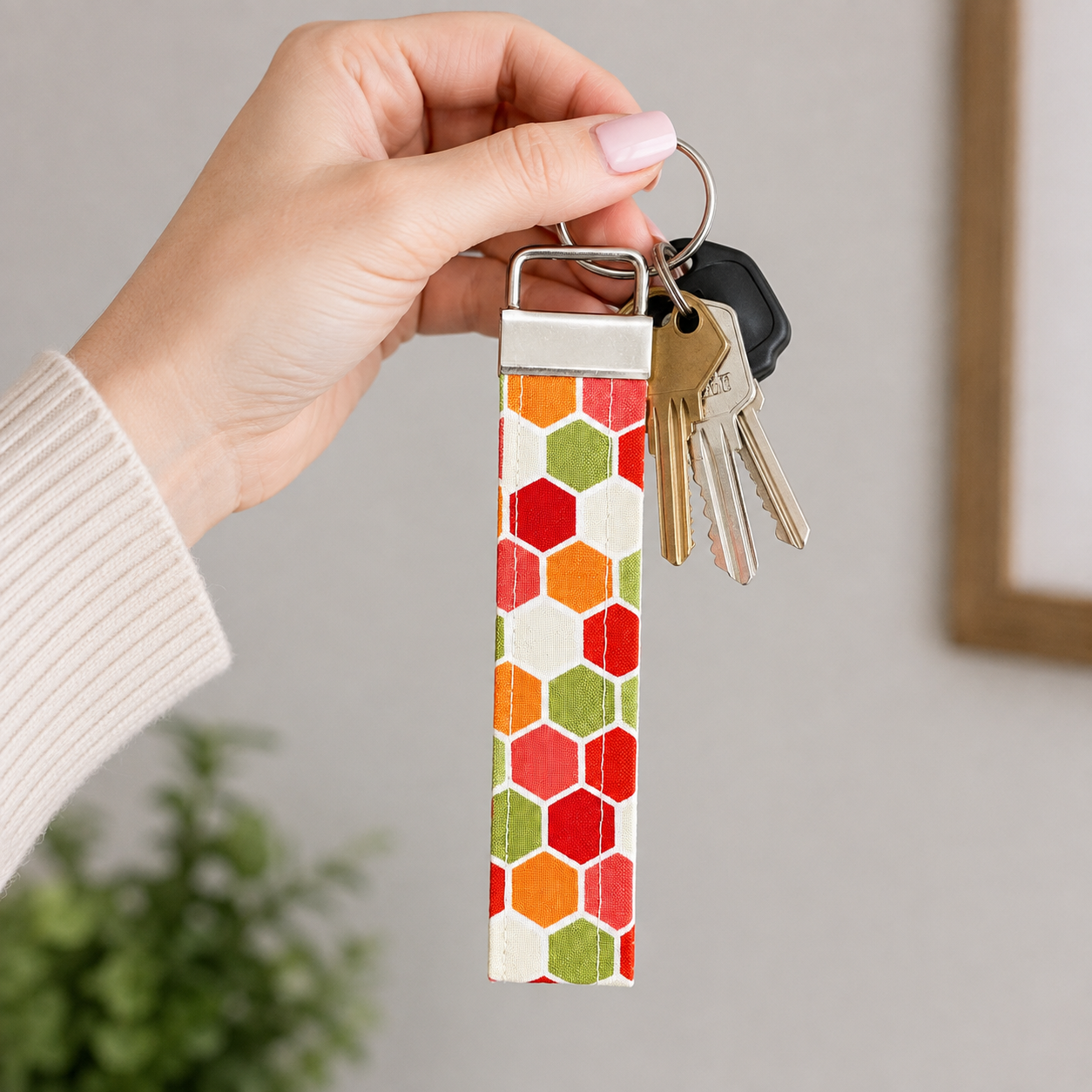 Retro Honeycomb Keychain Wristlet, Handmade Fabric Keychain, Cute and Trendy Accessories