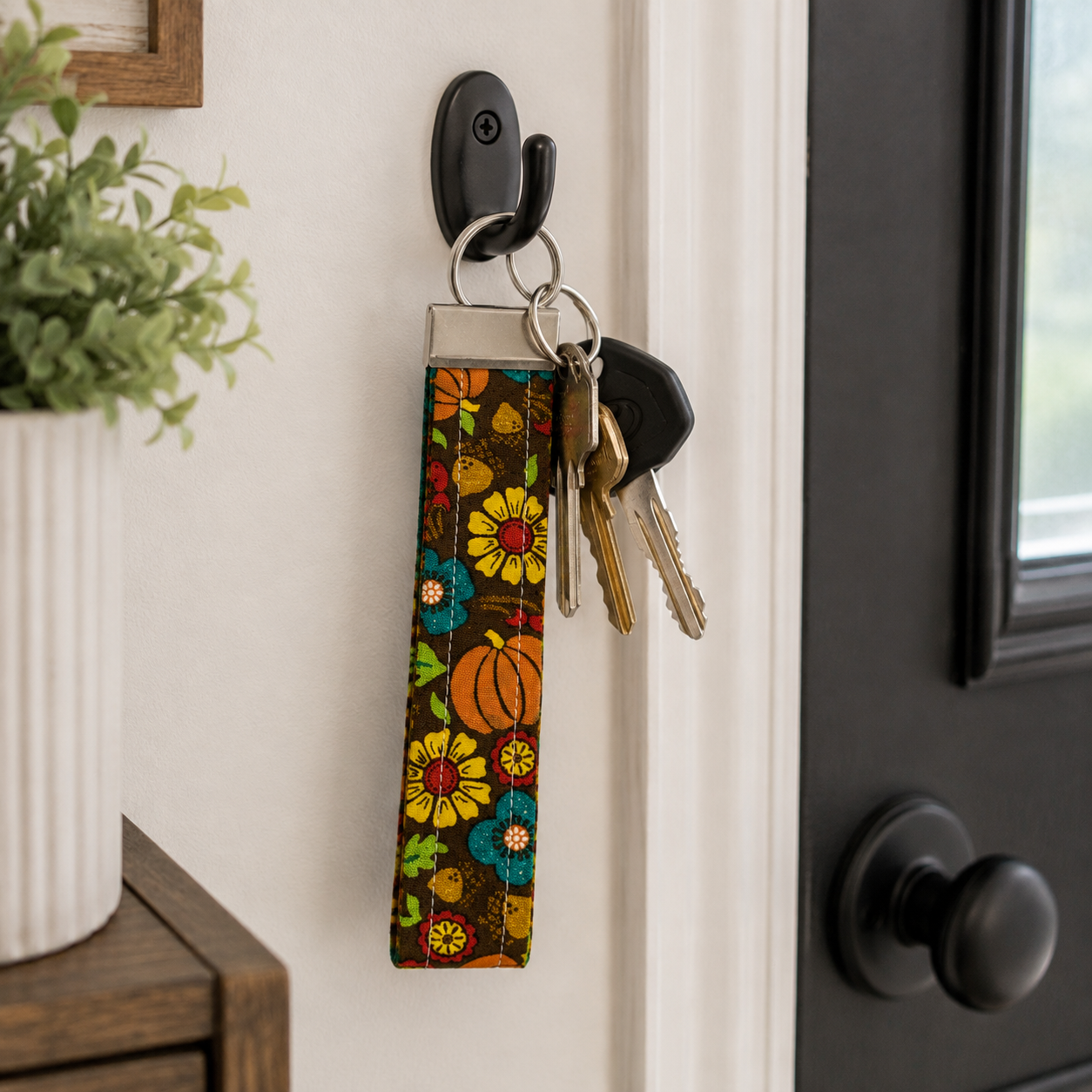 Keychain Wristlet, Fall Floral Pumpkin, Handmade Fabric Keychain, Cute and Trendy Accessories