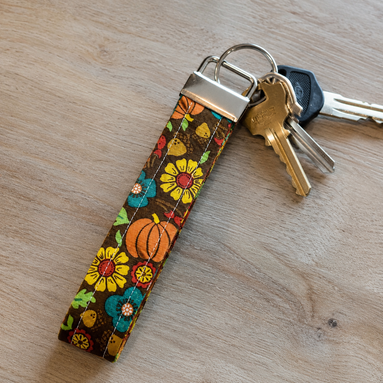 Keychain Wristlet, Fall Floral Pumpkin, Handmade Fabric Keychain, Cute and Trendy Accessories