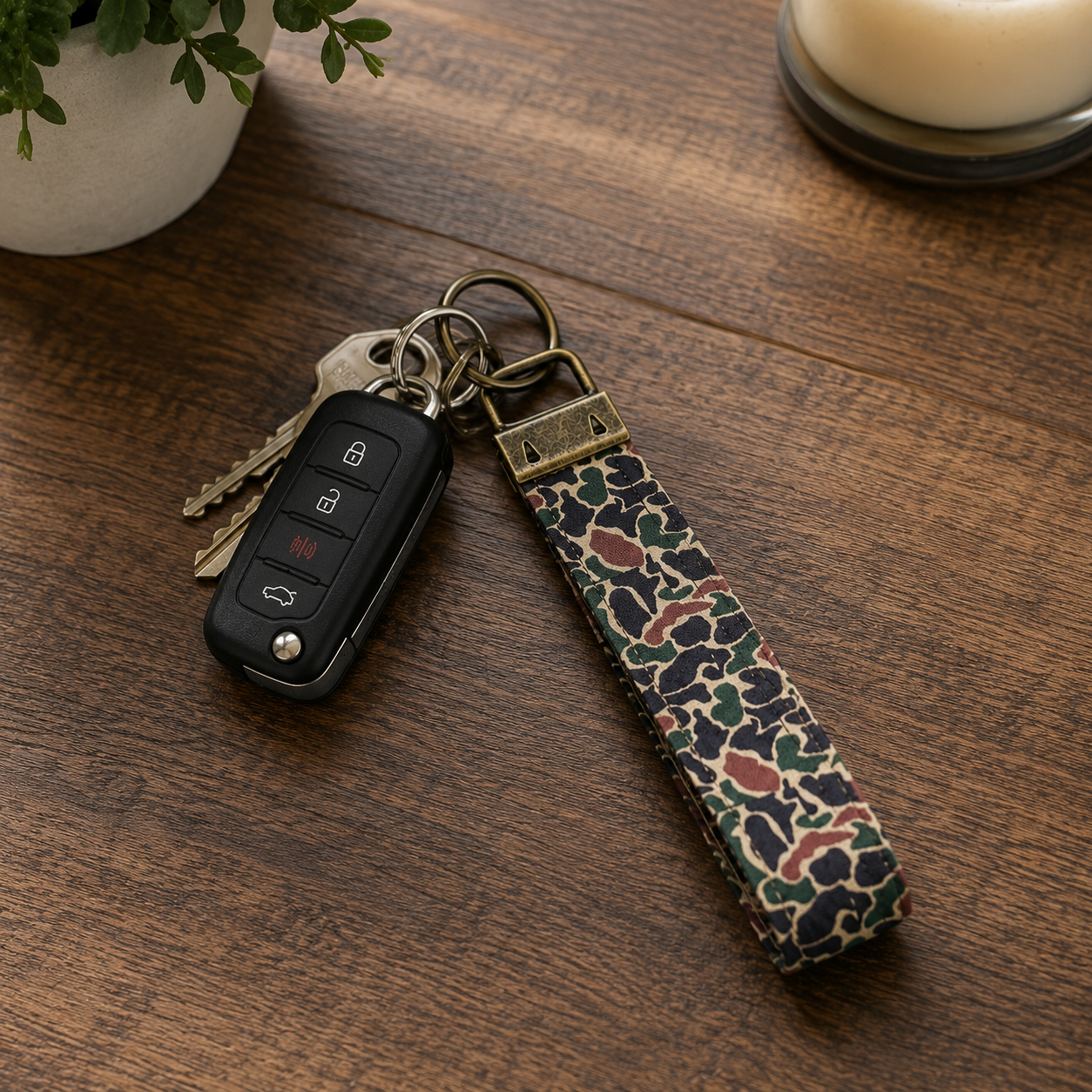 Camo Keychain Strap, Old School Dark Green Duck Camouflage, Handmade Cotton 5.5" Keychain,  Car Key Holder