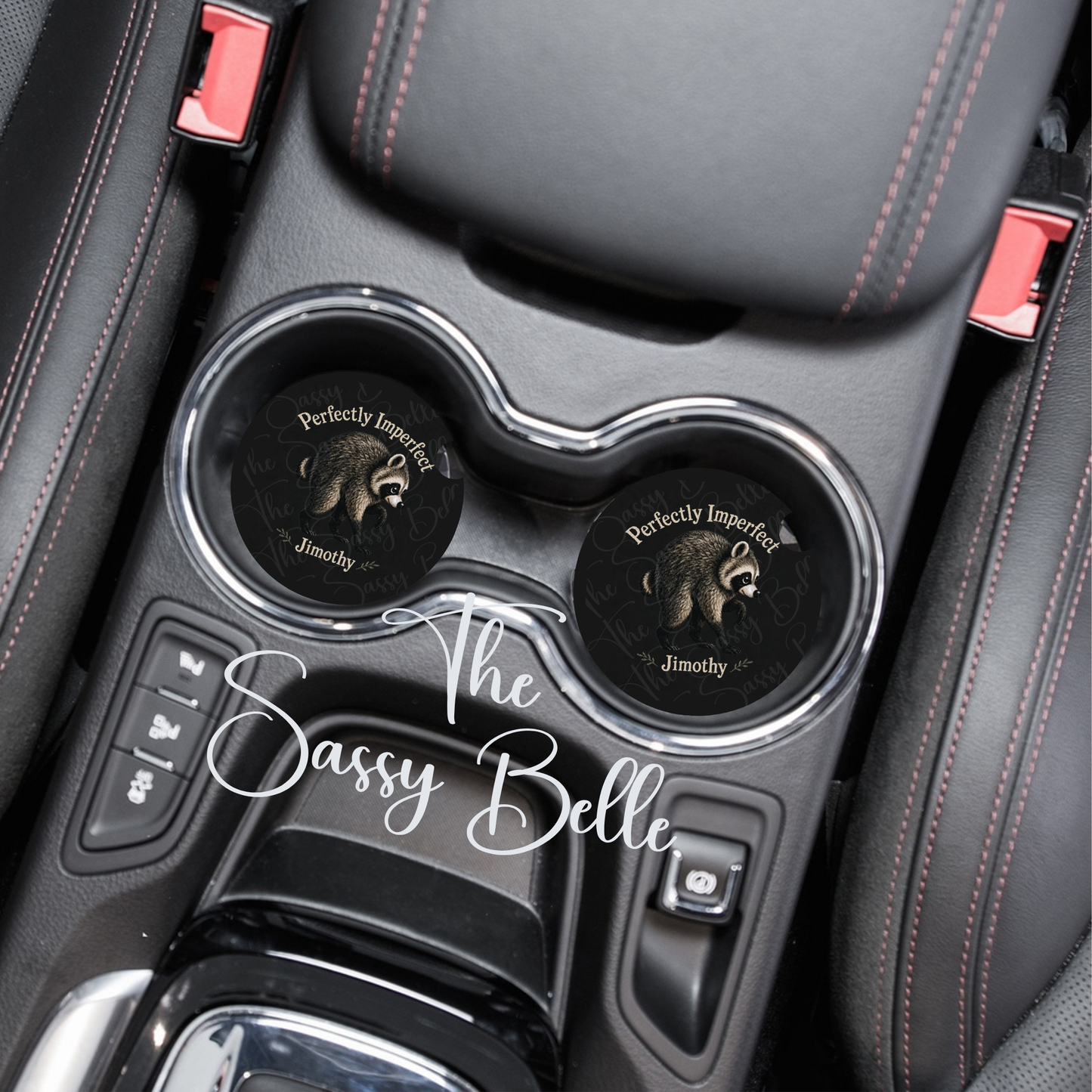 Jimothy the Raccoon Perfectly Imperfect Car Coasters, Set of Two Neoprene Car Coasters, Interior Auto Accessories