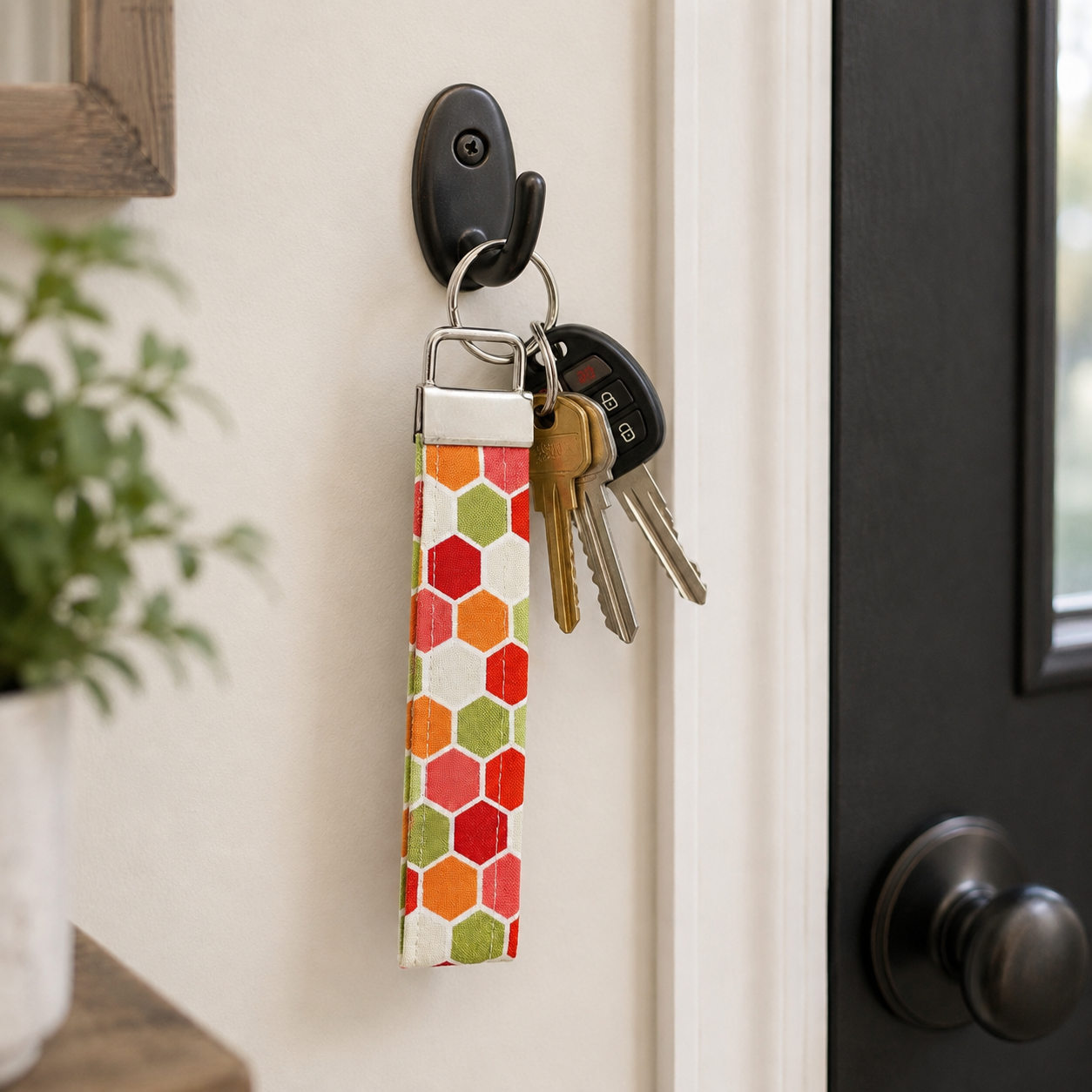 Retro Honeycomb Keychain Wristlet, Handmade Fabric Keychain, Cute and Trendy Accessories