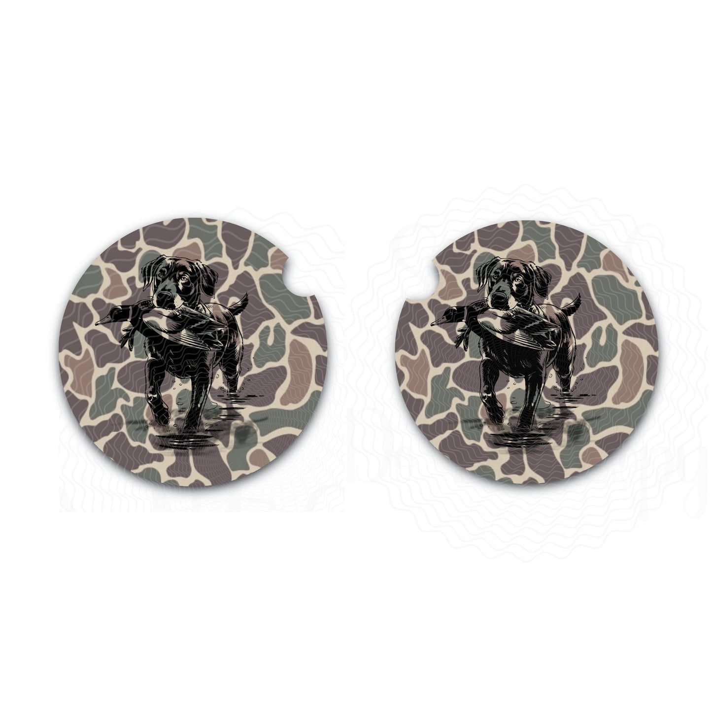 Camo Car Coasters, Dark Green Old School Camo, Lab Duck Hunting, Neoprene Coasters Set of Two, Auto Accessories