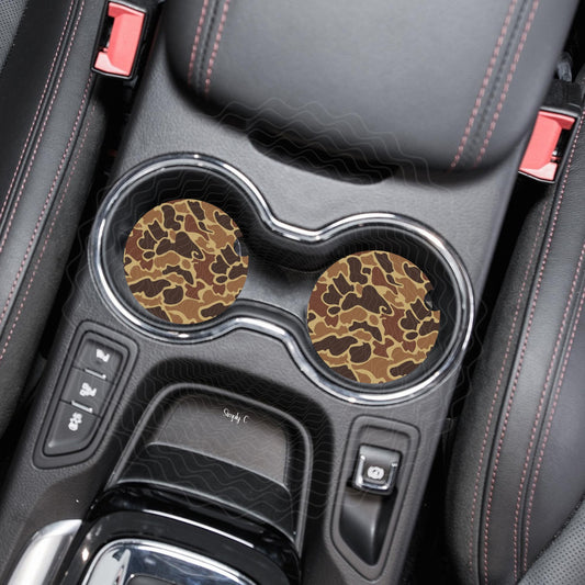 Old School Brown Camo Car Coasters, Set of Two, Car Cup Holder